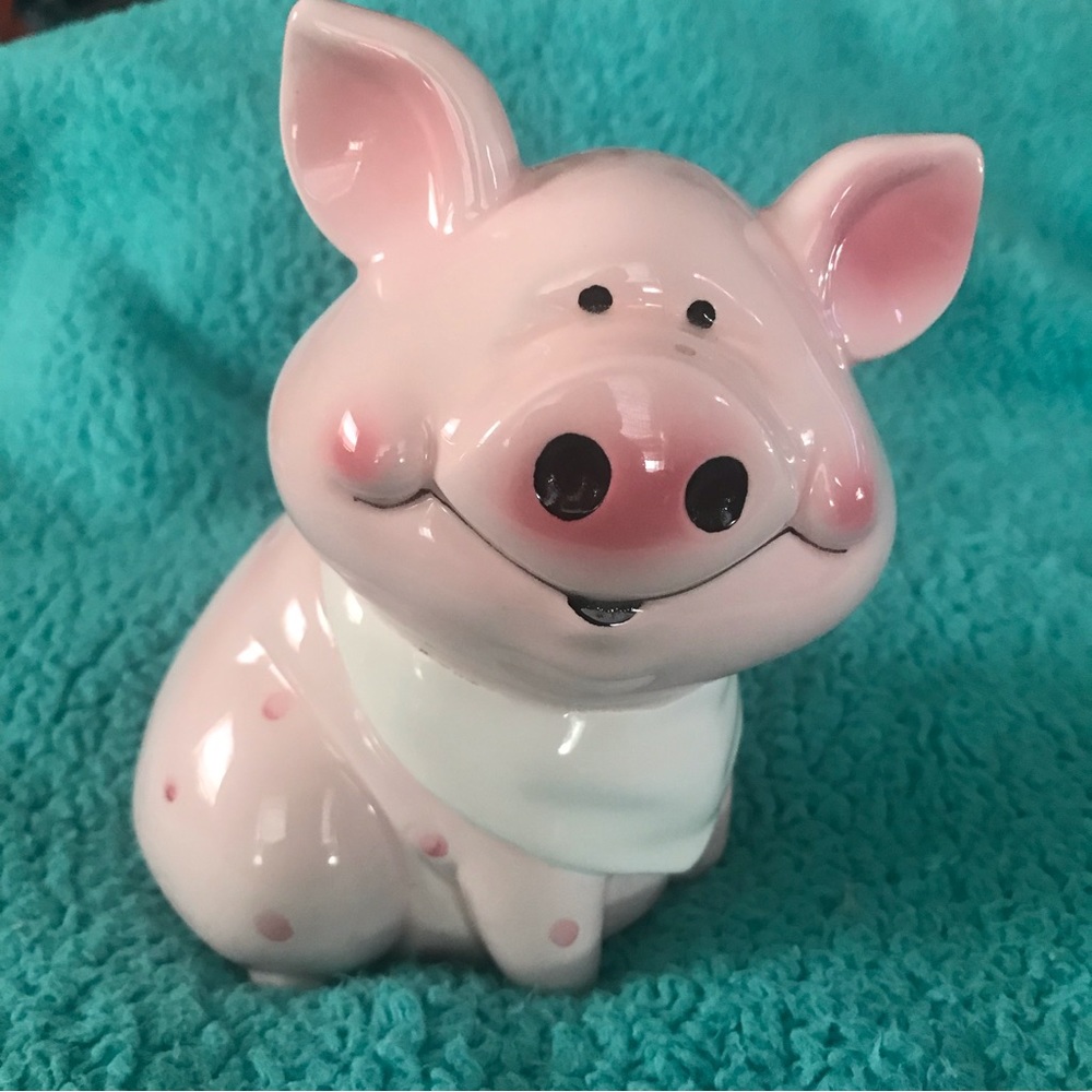 Vintage Ceramic Piggy Bank Coin Painted Pink Polka Dot Curly Tail Korea W/Plug